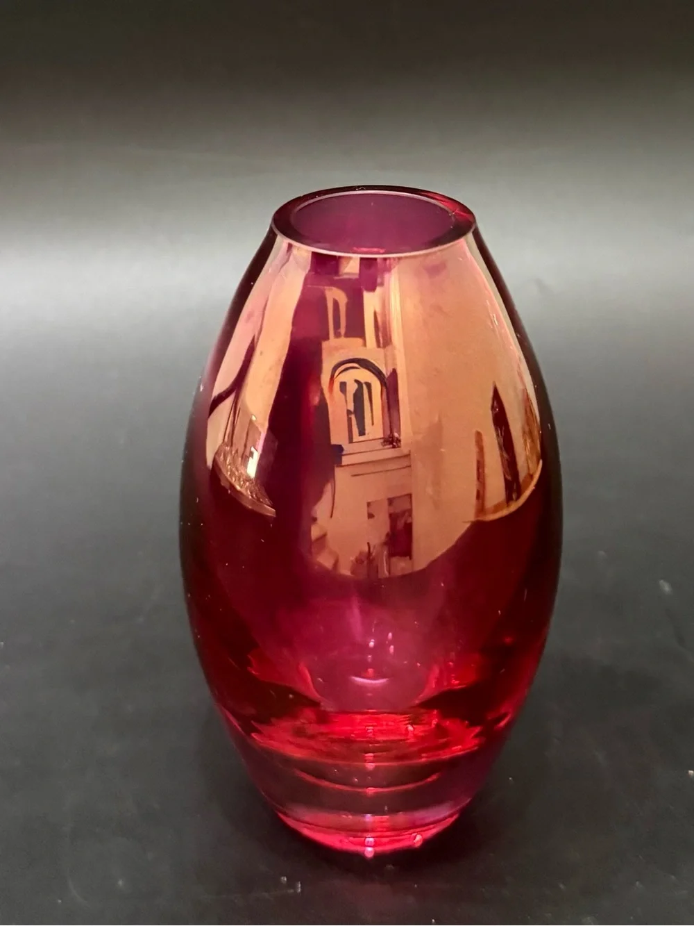 Iridescent Cranberry Rounded Teardrop Blown Art Glass 5” Vase